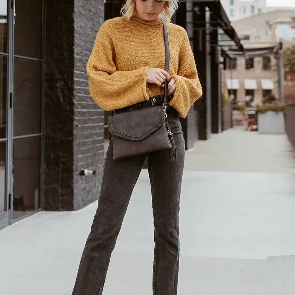 Cow Print Flapover Crossbody with Whipstitch and Tassel